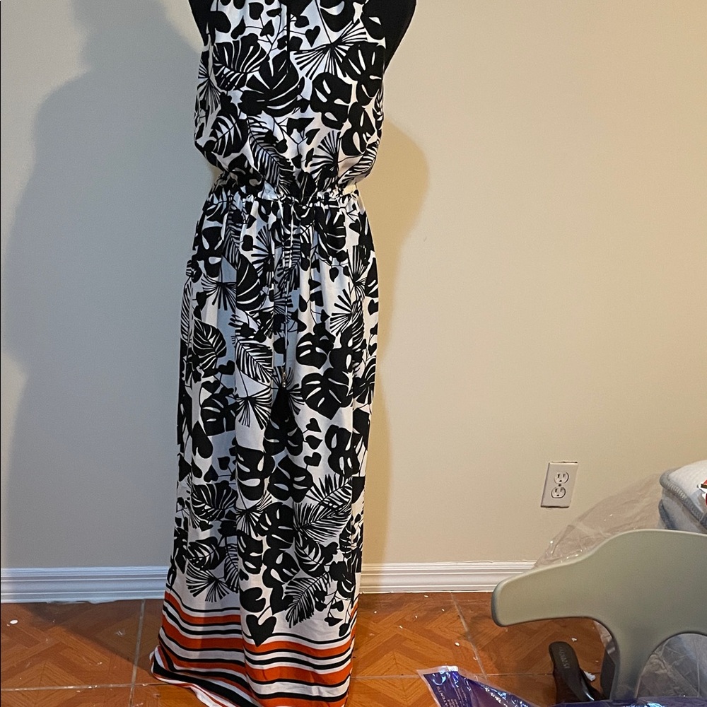 Divided Black and White Maxi Dress with Orange Stripes